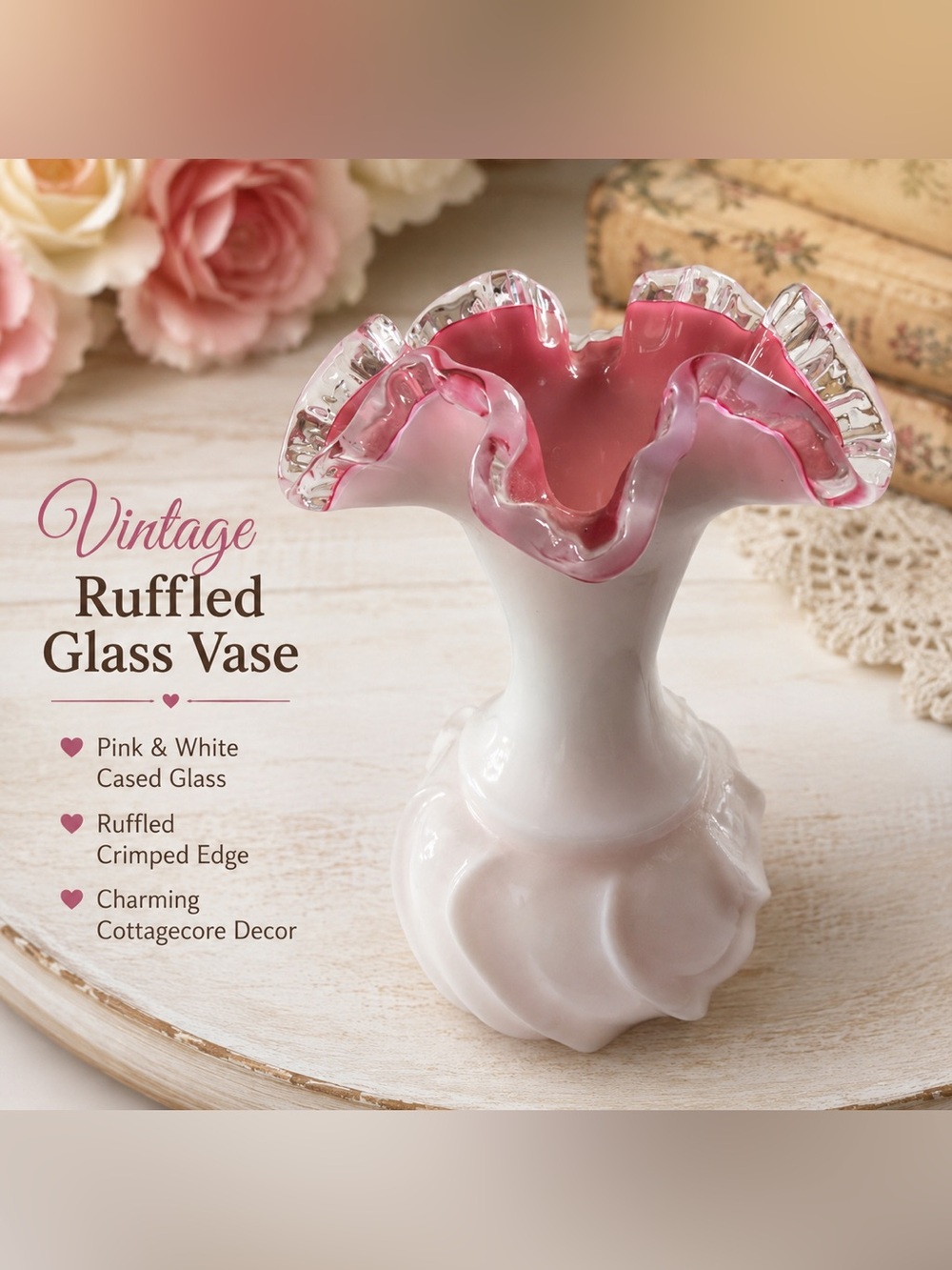 Vintage Pink & White Ruffled Fenton Glass Bud Vase – Fenton Style Cottagecore